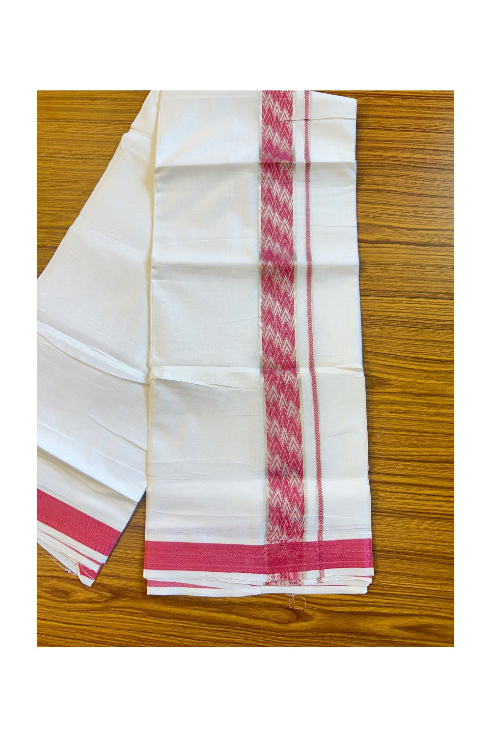 20% DISCOUNT! KaithariKada Balaramapuram 100% Cotton Double PURE white Mundu/Dhoti-100x100   2.25 Inch Silver kasavu dark pink pattern Kara  - 10KK79PMC