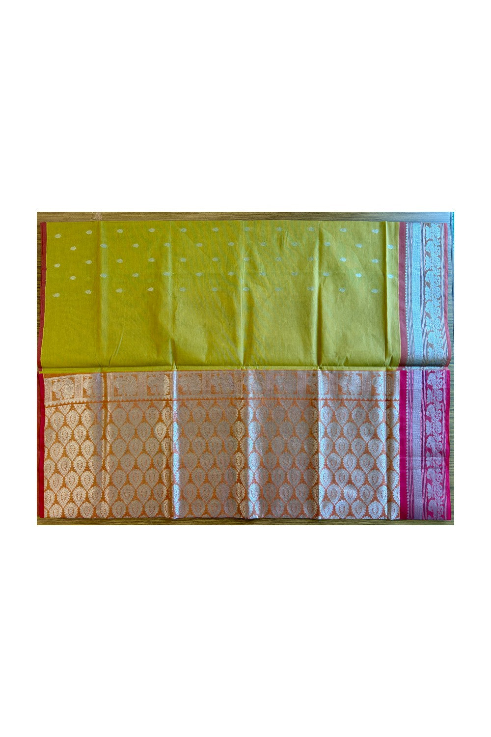 KaithariKada- Balaramapuram Saree - 100% PURE Cotton Silk - Mustard Yellow & Chillly Red. Design -10KK1005PAN.