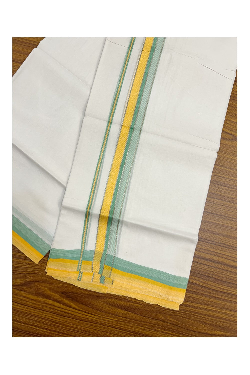 19% Discount !! KaithariKada Balaramapuram Double PURE WHITE Mundu/Dhoti- 100x80 - 1.25 inch Yellow Green Kara Silver Striped kara - 10KK5143PMC