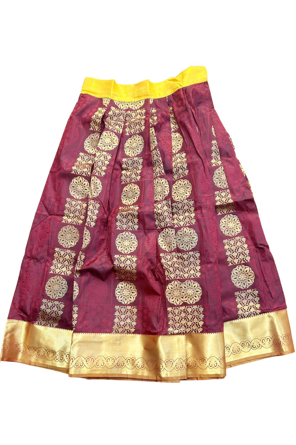 Midukki-Traditional South Indian Kids Pattu Pavada- Yellow tissue top dark maroon skirt with emboss work- Age 15&16 - KK15&16MID0010