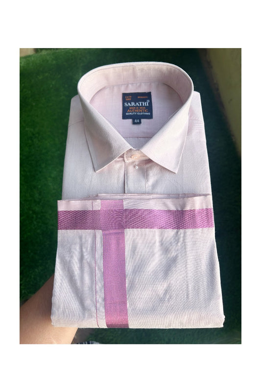 NEW! Kaitharikada Special - Pure Silk Men's Shirt & Dhoti Set - Pink Shaded Full Sleeve shirt and Pink Shaded Dhothi with Pink Kasavu Kara - 10KK6003SAR.