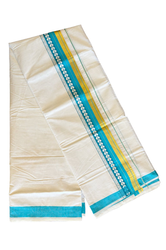 32% Discount !! KaithariKada Balaramapuram 100% Cotton Off white Double Mundu/Dhoti - 80x72 - 3.5 Inch Kasavu & Turquoise blue stripes pattern printed kara - 100KK470VIN