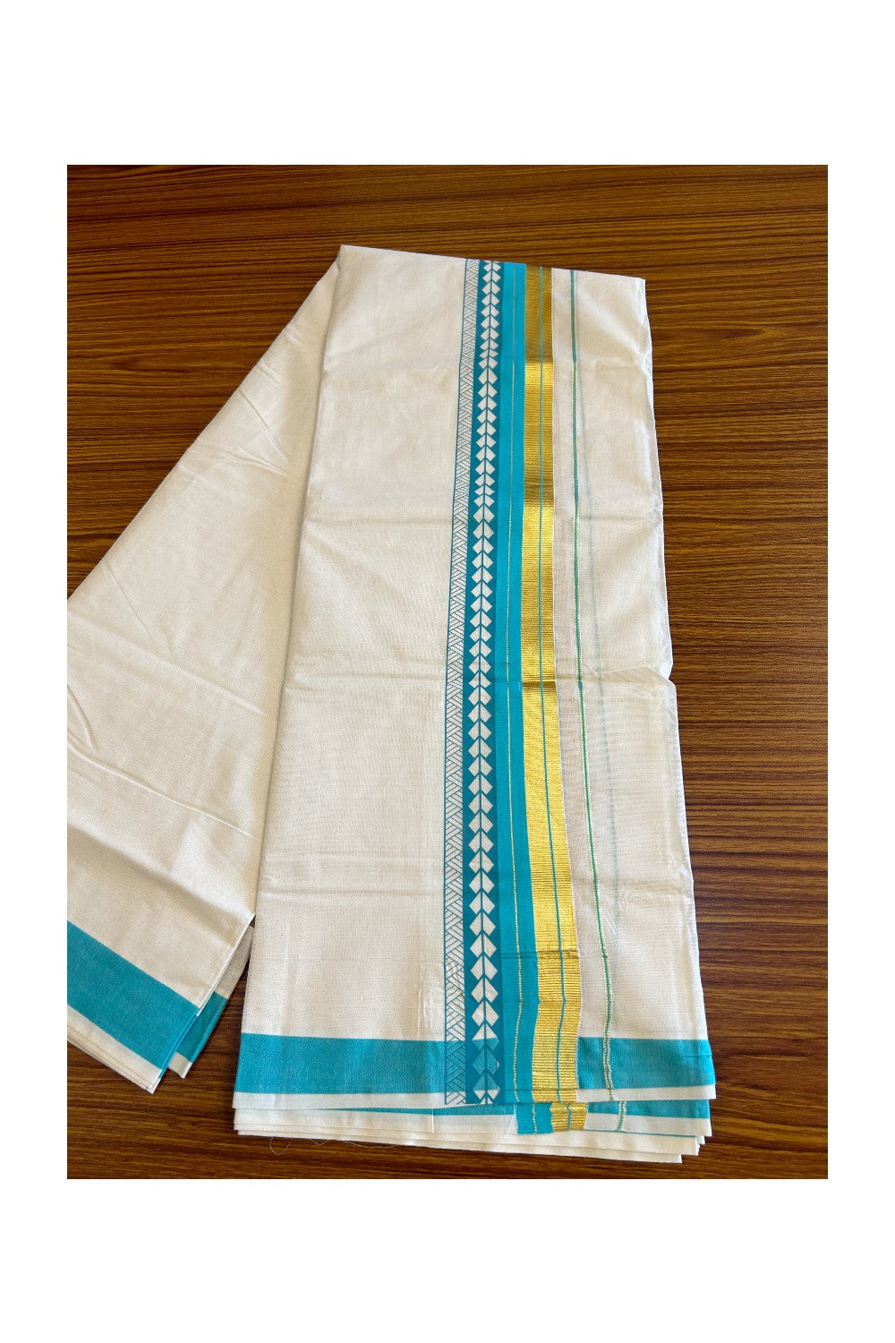 32% Discount !! KaithariKada Balaramapuram 100% Cotton Off white Double Mundu/Dhoti - 80x72 - 3.5 Inch Kasavu & Turquoise blue stripes pattern printed kara - 100KK470VIN