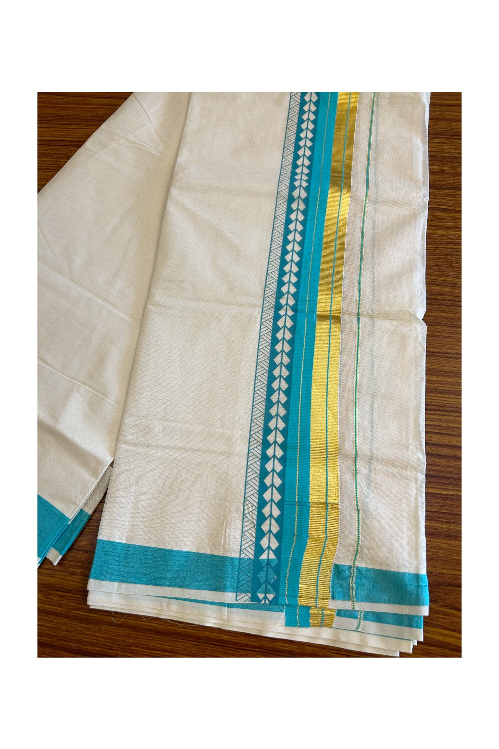 32% Discount !! KaithariKada Balaramapuram 100% Cotton Off white Double Mundu/Dhoti - 80x72 - 3.5 Inch Kasavu & Turquoise blue stripes pattern printed kara - 100KK470VIN