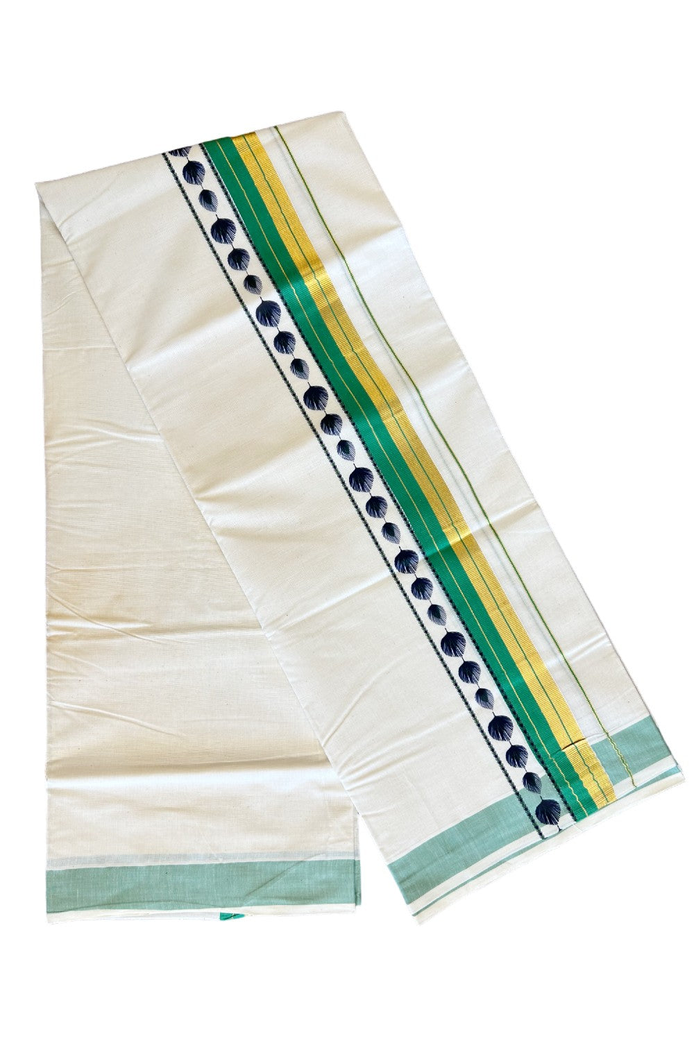 32% Discount !! KaithariKada Balaramapuram 100% Cotton Off white Double Mundu/Dhoti - 80x72 - 3.5 Inch Kasavu & Light green stripes peacock feather pattern printed kara - 106KK470VIN