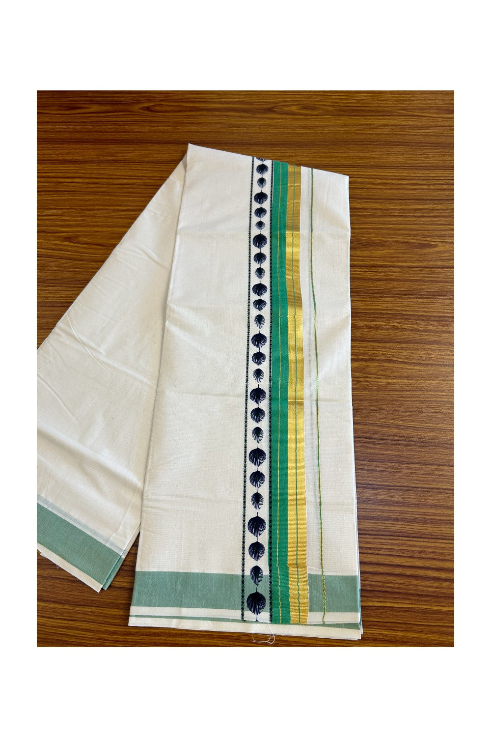 32% Discount !! KaithariKada Balaramapuram 100% Cotton Off white Double Mundu/Dhoti - 80x72 - 3.5 Inch Kasavu & Light green stripes peacock feather pattern printed kara - 106KK470VIN