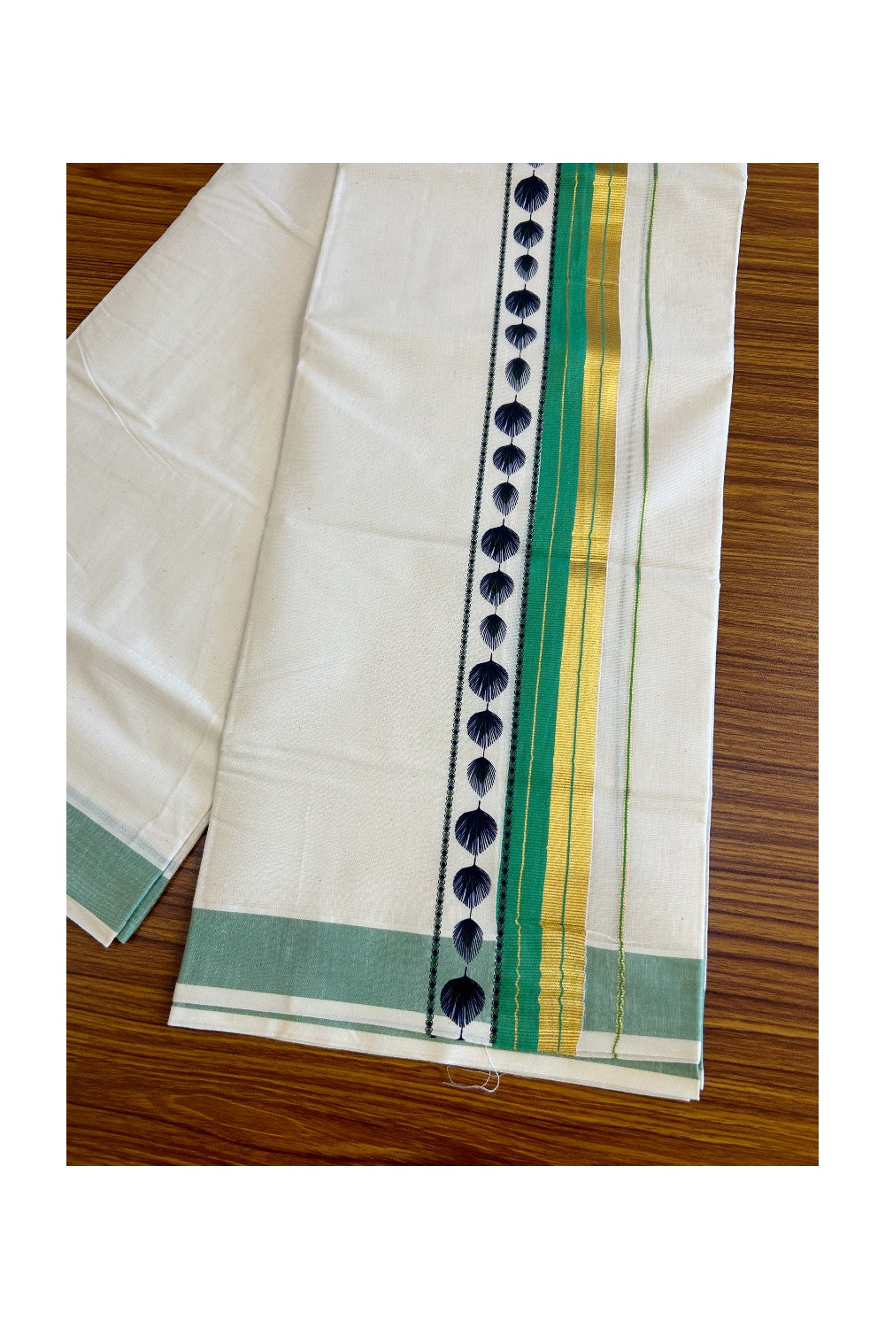 32% Discount !! KaithariKada Balaramapuram 100% Cotton Off white Double Mundu/Dhoti - 80x72 - 3.5 Inch Kasavu & Light green stripes peacock feather pattern printed kara - 106KK470VIN