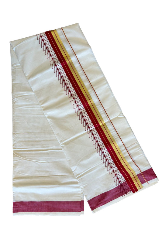 32% Discount !! KaithariKada Balaramapuram 100% Cotton Off white Double Mundu/Dhoti - 80x72 - 3.5 Inch Kasavu & Deep Red stripes pattern printed kara - 108KK470VIN