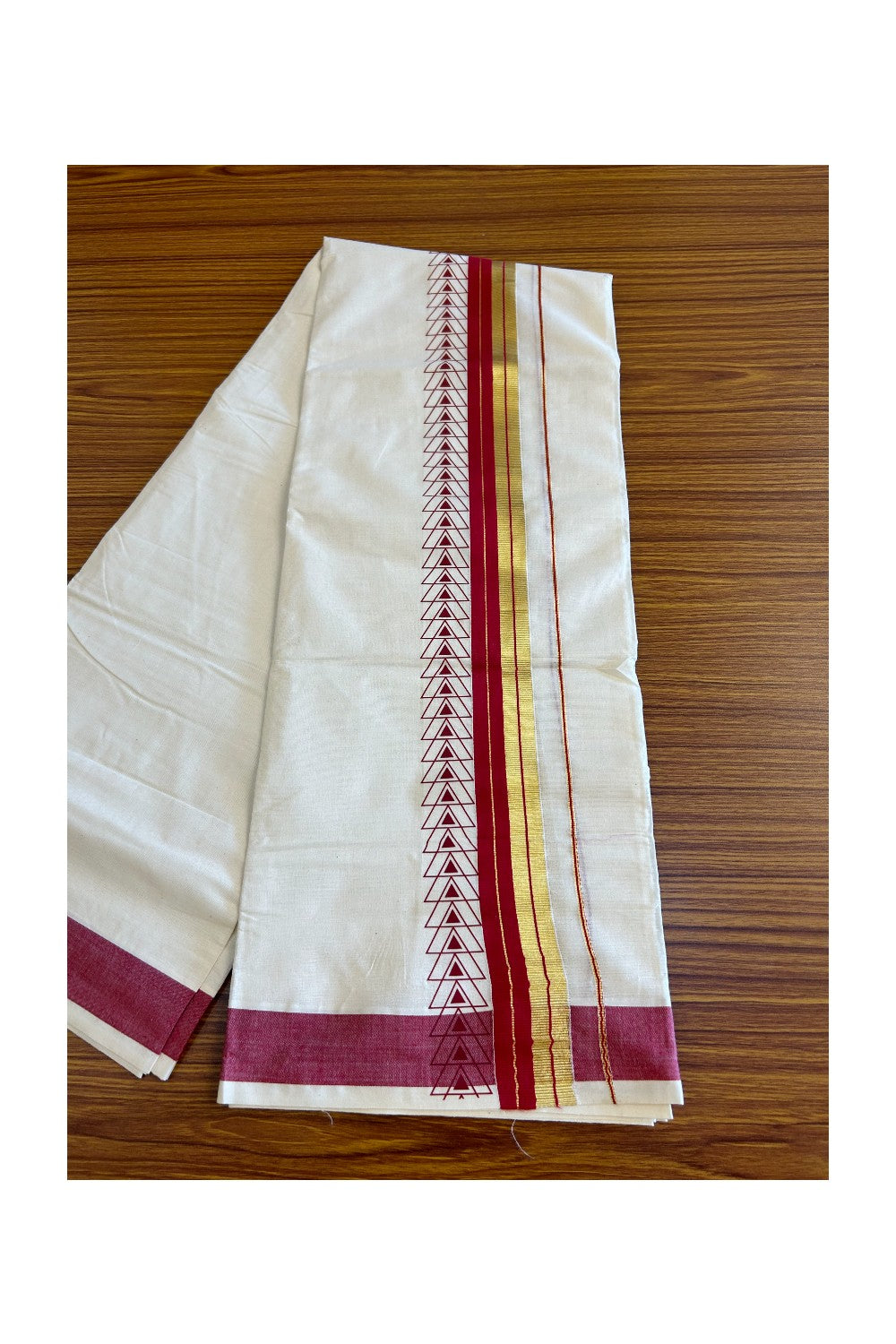 32% Discount !! KaithariKada Balaramapuram 100% Cotton Off white Double Mundu/Dhoti - 80x72 - 3.5 Inch Kasavu & Deep Red stripes pattern printed kara - 108KK470VIN