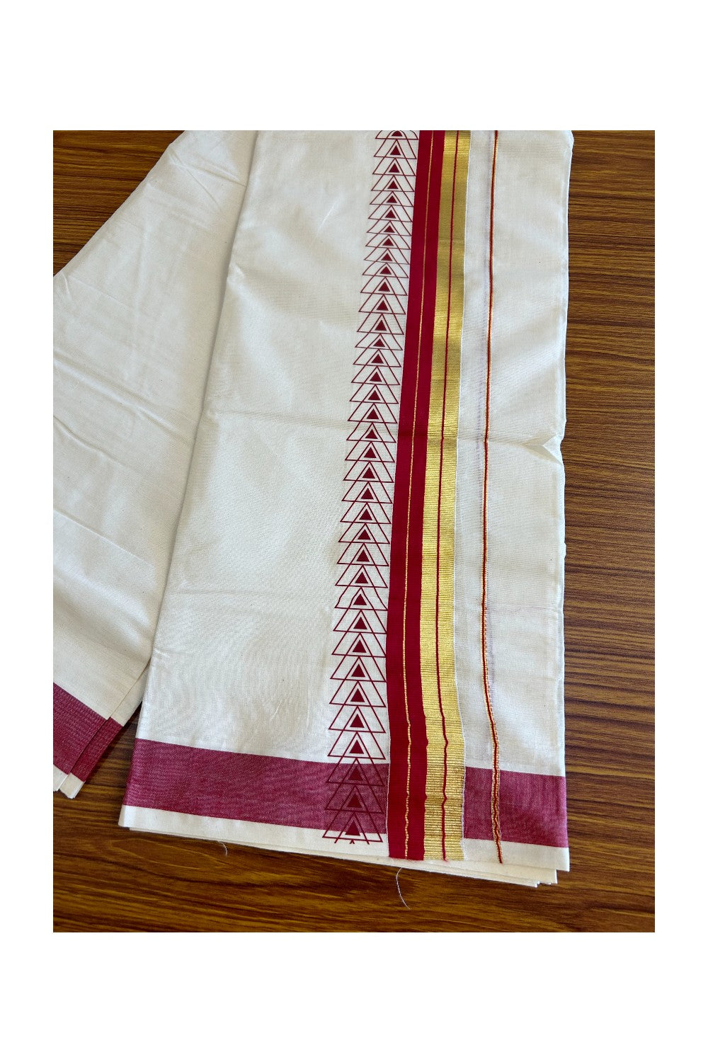 32% Discount !! KaithariKada Balaramapuram 100% Cotton Off white Double Mundu/Dhoti - 80x72 - 3.5 Inch Kasavu & Deep Red stripes pattern printed kara - 108KK470VIN