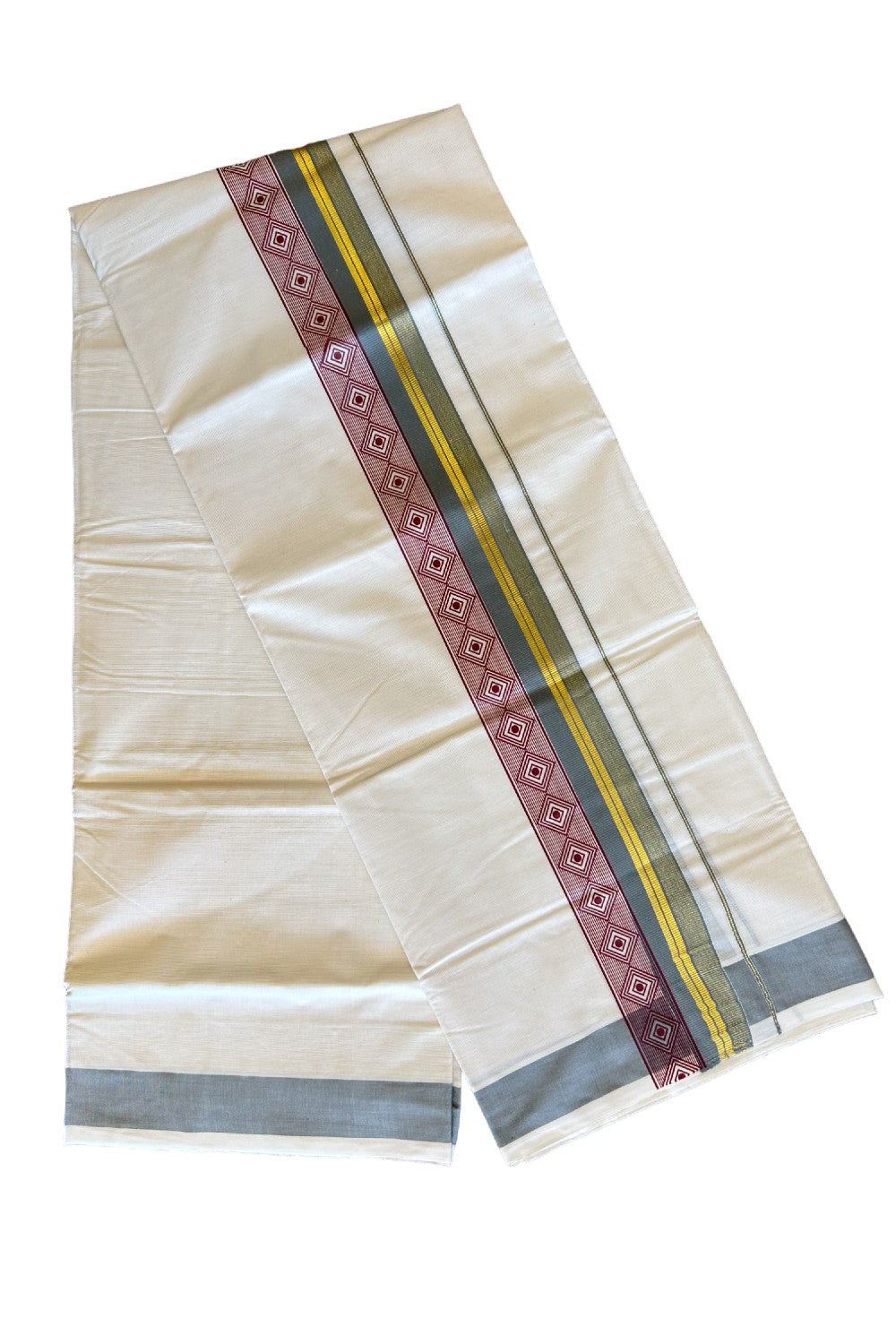 32% Discount !! KaithariKada Balaramapuram 100% Cotton Off white Double Mundu/Dhoti - 80x72 - 3.25 Inch Kasavu shaded Gray & Maroon pattern printed kara - 109KK470VIN