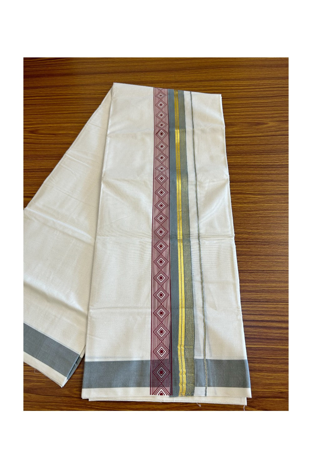 32% Discount !! KaithariKada Balaramapuram 100% Cotton Off white Double Mundu/Dhoti - 80x72 - 3.25 Inch Kasavu shaded Gray & Maroon pattern printed kara - 109KK470VIN