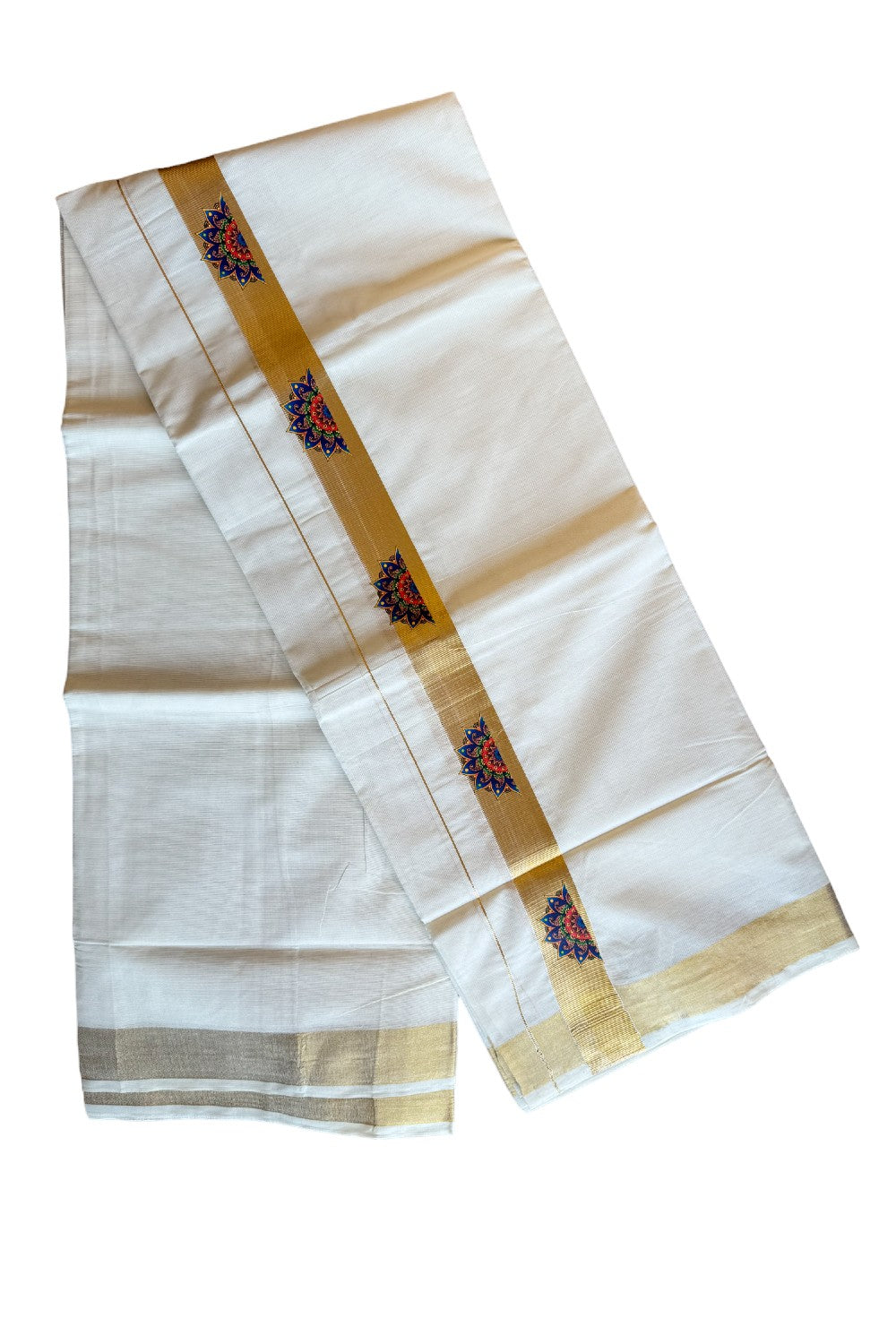 20% Discount !! KaithariKada Balaramapuram 100% Cotton Double Off white Mundu/Dhoti-80x72-  Hand Painted  Kasavu & Flower Design - 11KK207PMC