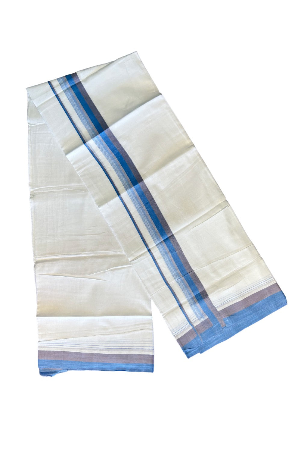 26% DISCOUNT!!! KaithariKada Balaramapuram 100% Cotton PURE white Double Mundu/Dhoti-100x90   2.5 Inch Reddish gray & Blue striped kara  - 11KK407VIN