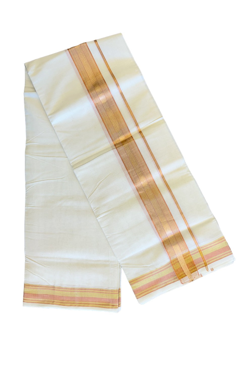 18% DISCOUNT!! KaithariKada HANDLOOM Millpaav Balaramapuram - 100% PURE Cotton OFF White Double Mundu/Dothi - 3 inch Copper & kasavu striped kara - 11KK410RAM