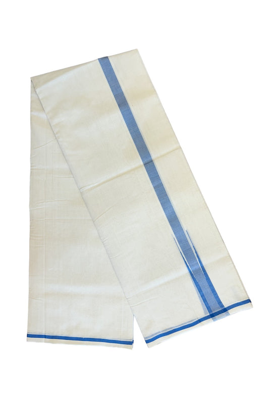 15% DISCOUNT!! KaithariKada HANDLOOM UNAKKUPAAV Balaramapuram - 100% PURE Cotton OFF White (Unbleached) Double Mundu/Dothi - Puliyilakkara chutty 1.25 inch Blue & Silver stripes - 11KK453RAM