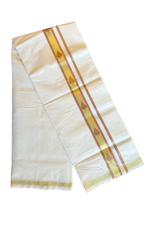 20% DISCOUNT!! KaithariKada HANDLOOM Millpaav Balaramapuram - 100% PURE Cotton OFF White Double Mundu/Dothi - 2.5 Inch Kasavu & Red stripes Leaf design Kara - 11KK456KK