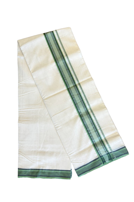 15% DISCOUNT!! KaithariKada HANDLOOM UNAKKUPAAV Balaramapuram - 100% PURE Cotton OFF White (Unbleached) Double Mundu/Dothi - Light green & Black silver striped kara - 11KK458SOM