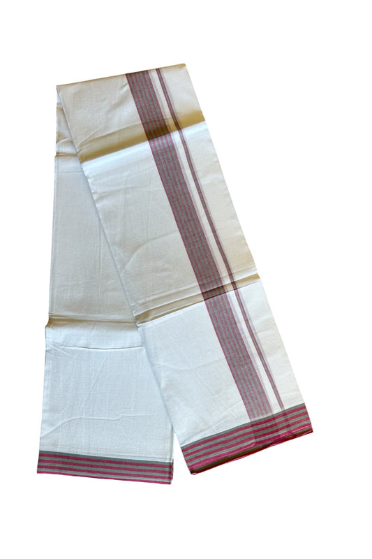 29% DISCOUNT! KaithariKada Balaramapuram 100% Cotton Ultra WHITE Double Mundu/Dhoti-100x100 2.25 inch Light Green & Maroon Stripes Cotton kara 3.70m- 11KK493RAM