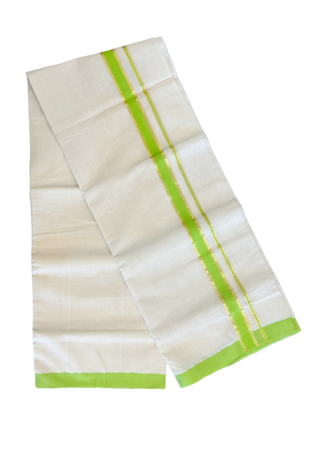 15% Discount KaithariKada HANDLOOM Unakkupaav Balaramapuram - 100% PURE Cotton Off White - (Unbleached) Double Mundu/Dhoti - 1.85 inch Kasavu & Light Green Kara- 11KK498KK