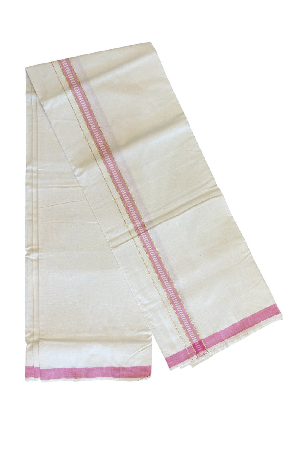 32% Discount KaithariKada 100% Cotton Balaramapuram HANDLOOM Single Mundu/Dhoti - Off White (Unbleached) 1.25 inch Kasavu & Pink Striped Kara  - 11KK499KK