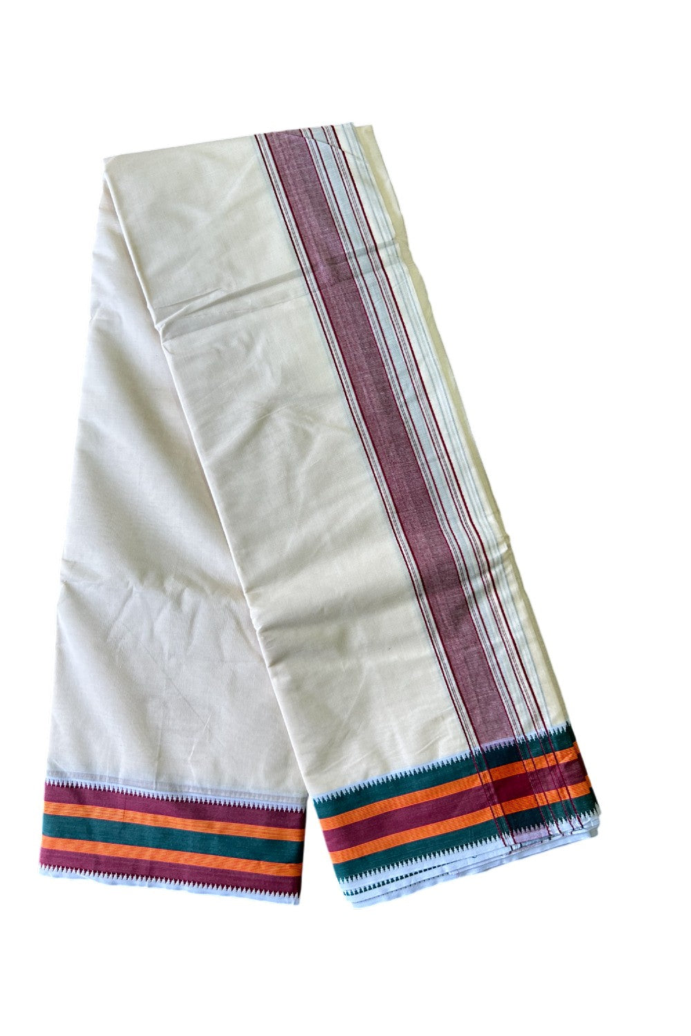 37% DISCOUNT! KaithariKada 100% Cotton Off White - (Unbleached) - Pure Cotton -100x100 thread -  NORTH INDIAN -  ATTACHED GAMCHA 10x6 Dhoti Maroon kara with Green Orange & Maroon border - 11KK5004PMC