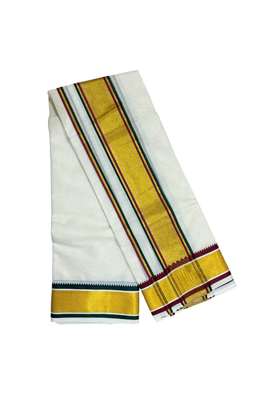 36% DISCOUNT! KaithariKada Cotton Mix  Off White - (Unbleached) - 80x80 thread - 80% Cotton & 20% Polyester - NORTH INDIAN - ATTACHED GAMCHA 9X5 Dhoti 5 inch Kasavu Green Magenta kara with Green & Maroon Kasavu border  - 11KK5005PMC