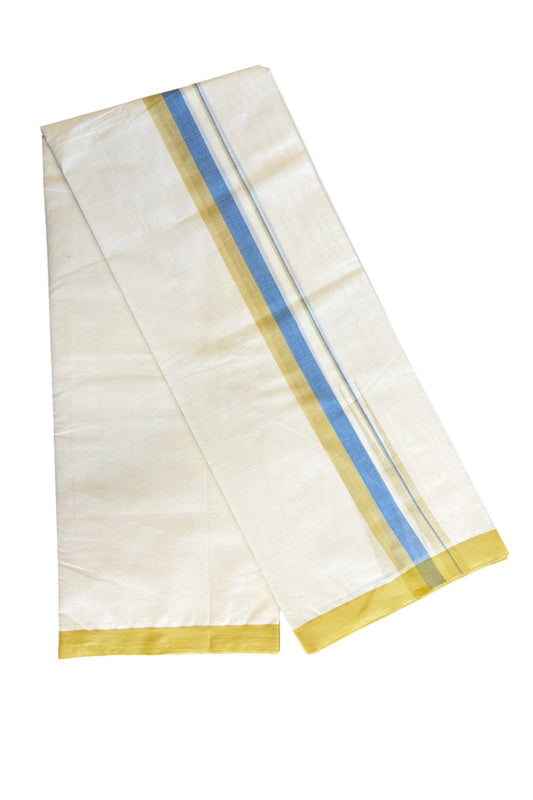 5% Discount!!! KaithariKada Balaramapuram  Double Off white - (Unbleached) Mundu/Dhoti - 80X90 - 1.75 inch Blue & Mustard Yellow shaded puliyilakkara striped chutty - 11KK5037KAI