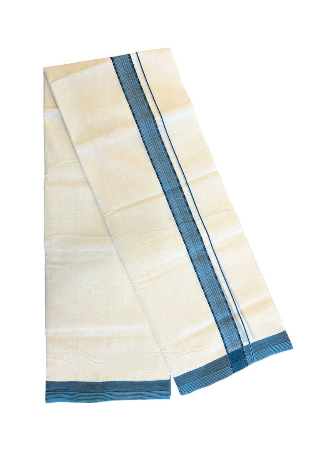 19% DISCOUNT!! KaithariKada HANDLOOM UNAKKUPAAV Balaramapuram - 100% PURE Cotton OFF White Double - (Unbleached) Mundu/Dothi - 1.75 inch Black & Blue Kara 3.82 meters - 11KK5049REA