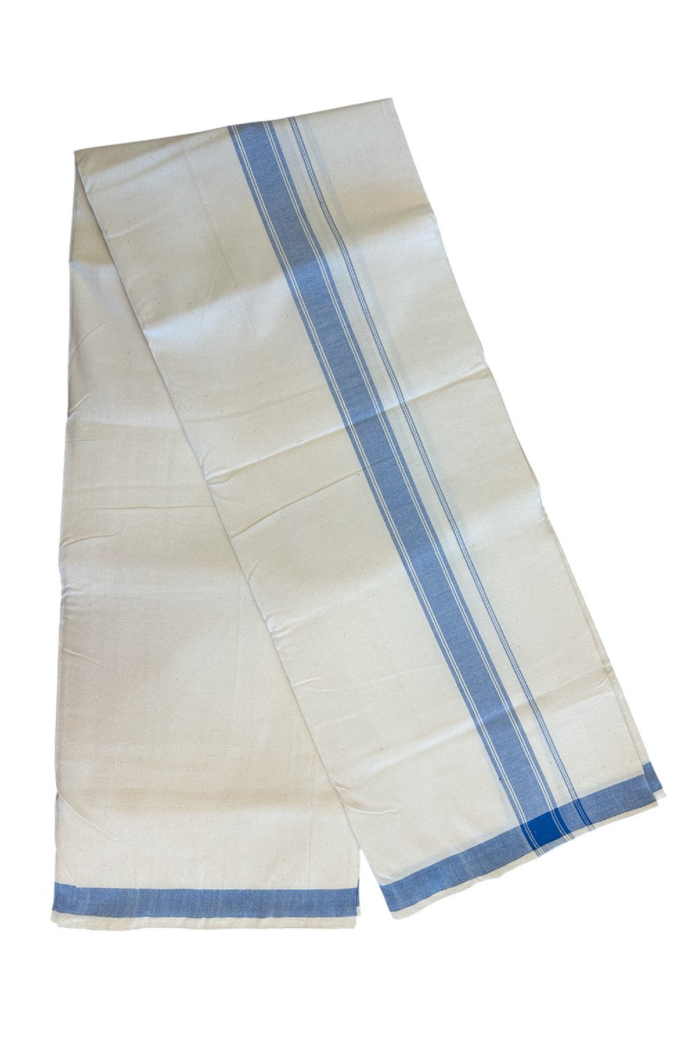 32% Discount KaithariKada 100% Cotton Balaramapuram HANDLOOM Single Mundu/Dhoti - Off White (Unbleached) 2inch Blue Kara-305