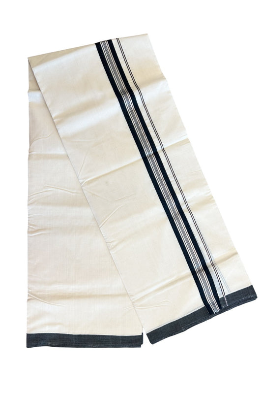 15% DISCOUNT! KaithariKada BALARAMAPURAM HANDLOOM UNAKKUPAAV - 100% PURE Cotton Off white (Unbleached) Double Mundu/Dhoti - 2  inch Silver Kasavu & Black Stripes Kara-74