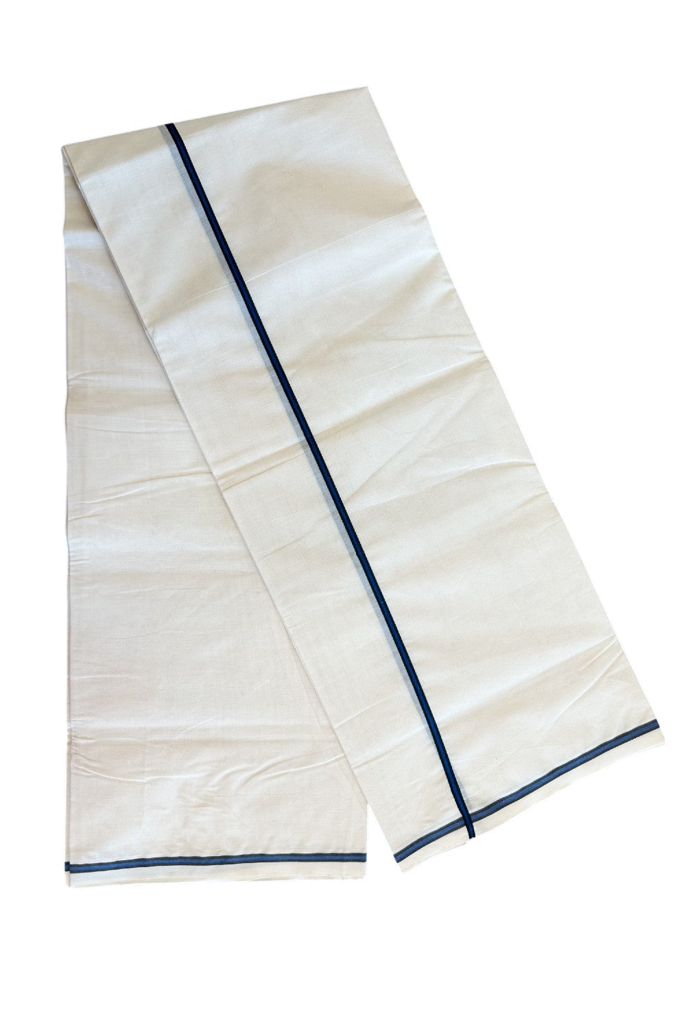 19% Discount !! KaithariKada Balaramapuram 100% Cotton Double off white - (Unbleached) Mundu/Dhoti - 100X100 0.25inch Deep Blue & Black Kara - 11KK5055ASH