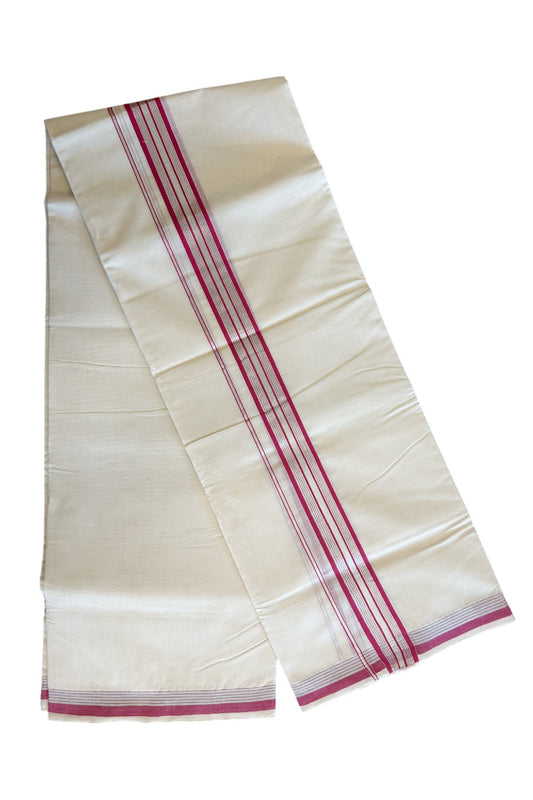 10% DISCOUNT! KaithariKada Balaramapuram Handloom 100% Cotton Double Off white  (Unbleached) Mundu/Dhoti-100X100- 2 inch  Silver Kasavu & MAGENTA Kara.-1