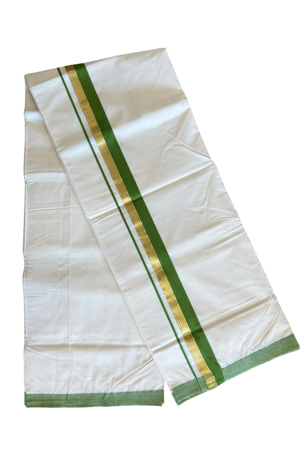 15% DISCOUNT! KaithariKada HANDLOOM Millpaav Balaramapuram - 100% PURE Cotton Off White -  Double Mundu/Dhoti -GREEN &1.5 inch  KASAVU STRIPES   KARA -2.