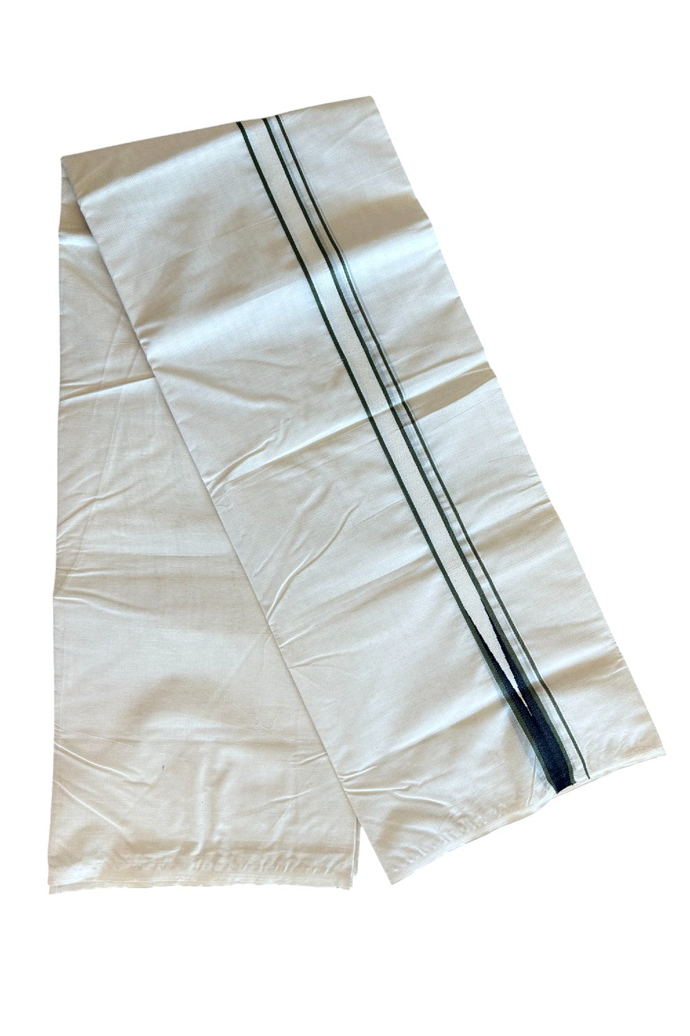 26% OFFER ! KaithariKada Balaramapuram 100% Cotton Double OFF WHITE - (Unbleached) Mundu/Dhoti - 100x100 - 1.25 inch Puliyilakkara Olive Green & Black Heavy Chutty - 11KK5063KK