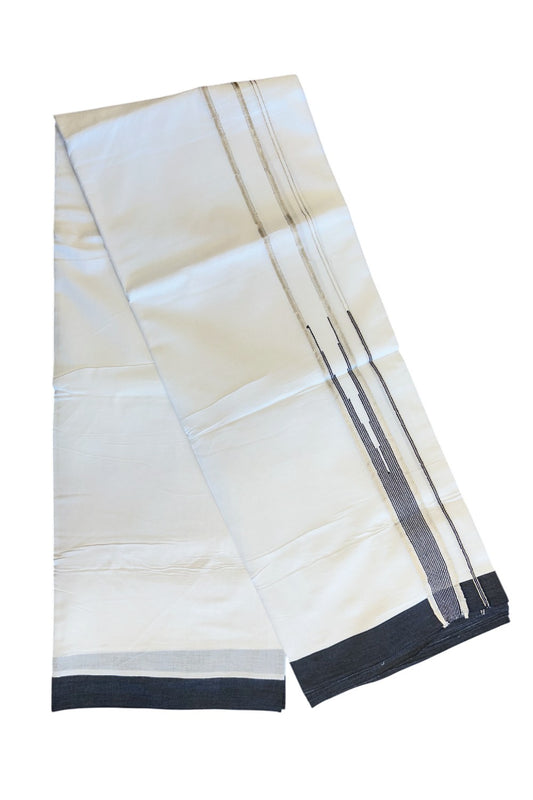 21% DISCOUNT! KaithariKada Balaramapuram 100% Cotton Double PURE white Mundu/Dhoti-100x92 - 2 Inch Heavy Designer Chutty LIGHT Black & Silver Kasavu Kara - 11KK5066KK