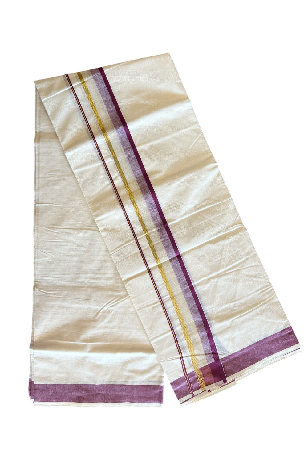 16% DISCOUNT!!! KaithariKada Balaramapuram 100%  Cotton off white - (Unbleached) Double  Mundu/Dhoti - 100X100  wine purple & kasavu  shaded kara - 8KK82VIN