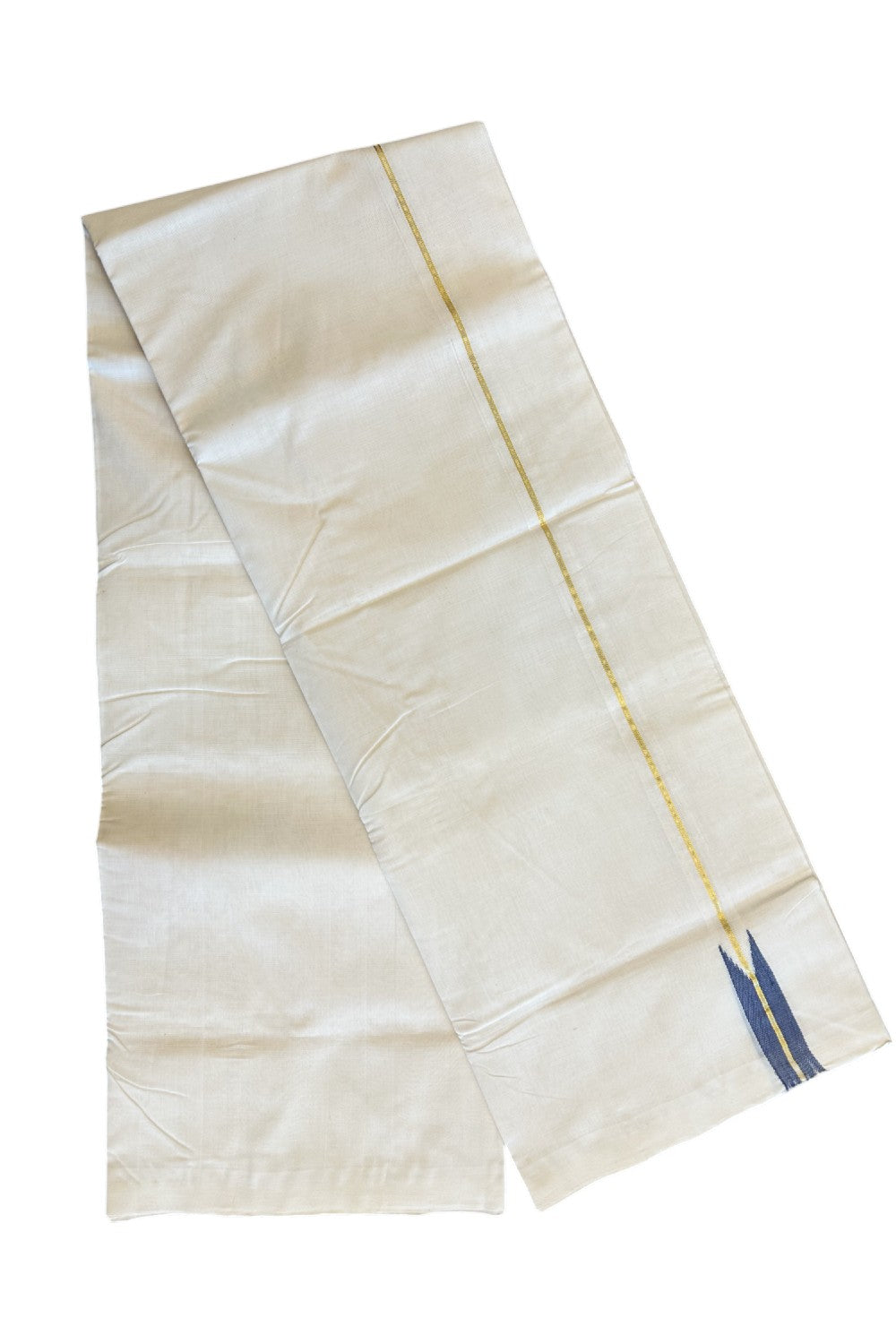 21% DISCOUNT!! KaithariKada HANDLOOM UNAKKUPAAV Balaramapuram - 100% PURE Cotton OFF White (Unbleached) Double Mundu/Dothi - Kasavu Navy Blue Puliyilakkara Chutty - 12KK114ASH