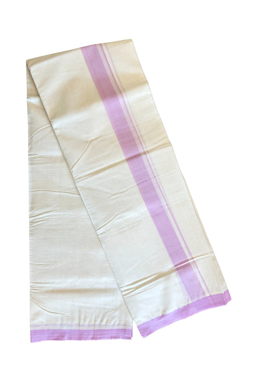 20% DISCOUNT!! KaithariKada HANDLOOM millpaav Balaramapuram - 100% PURE Cotton OFF White (Unbleached) Double Mundu/Dothi - 1.75 inch Lavender pink Mulloth Kara 3.75 Meters - 2KK409RAM