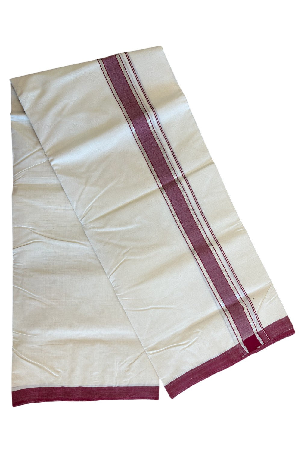 19% Discount !! KaithariKada HANDLOOM millpaav Balaramapuram - 100% PURE Cotton OFF White Double - (Unbleached)  Mundu/Dothi - 2.25  inch Silver kasavu & Maroon shaded kara 4.5 Meters (10 Muzham) - 11KK5081RAM