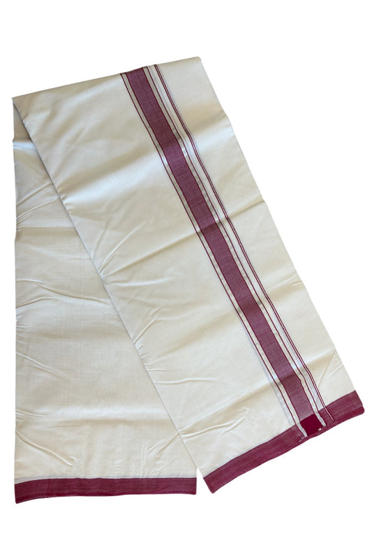 19% Discount !! KaithariKada HANDLOOM millpaav Balaramapuram - 100% PURE Cotton OFF White Double - (Unbleached)  Mundu/Dothi - 2.25  inch Silver kasavu & Maroon shaded kara 4.5 Meters (10 Muzham) - 11KK5081RAM