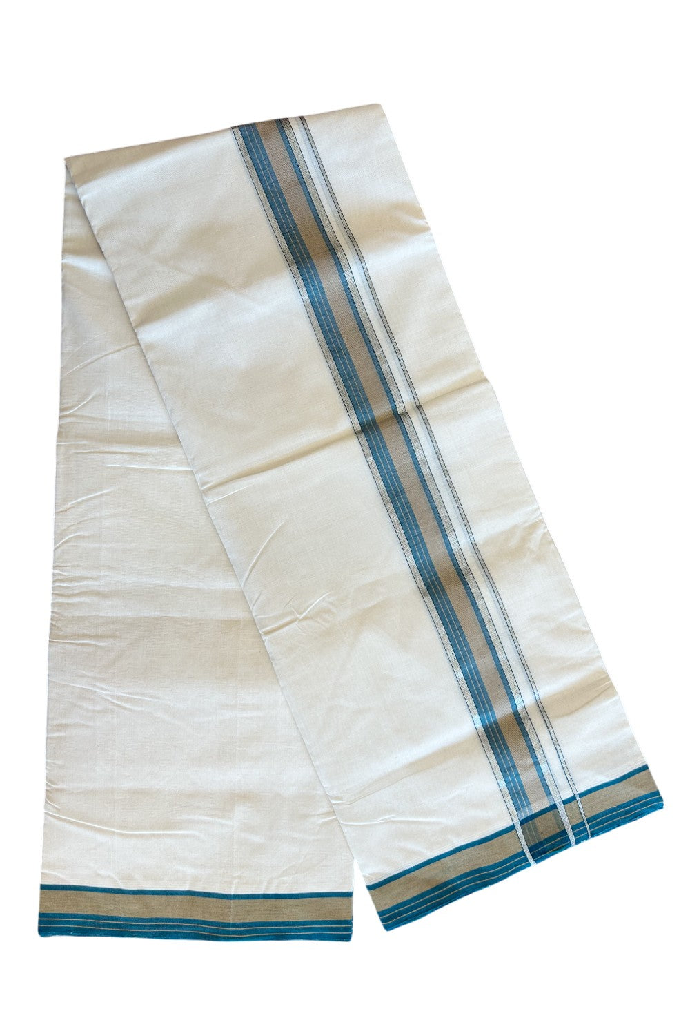 19% Discount !! KaithariKada HANDLOOM UNAKKUPAAV Balaramapuram - 100% PURE Cotton off white - (Unbleached) Double Mundu/Dhoti - 2.25 inch Silver kasavu Brown & Peacock Green Striped kara - 11KK5082RAM