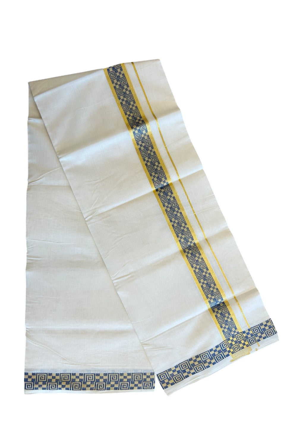 30% Discount!!! KaithariKada HANDLOOM UNAKKUPAAV Balaramapuram - 100% PURE Cotton off white (Unbleached) 100x100 - Double Mundu/Dhoti - 2.75 inch Kasavu & Blue pattern kara - 10KK5096YAR