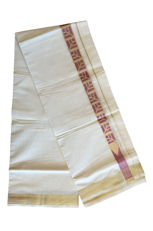 20% DISCOUNT ! KaithariKada Balaramapuram Mixed Cotton OFF White (Unbleached) Double Mundu/Dhoti - 80x80 Thread Mixed Cotton - 2.25 inch Gold kasavu & Magenta design Chutty kara - 11KK5113PMC