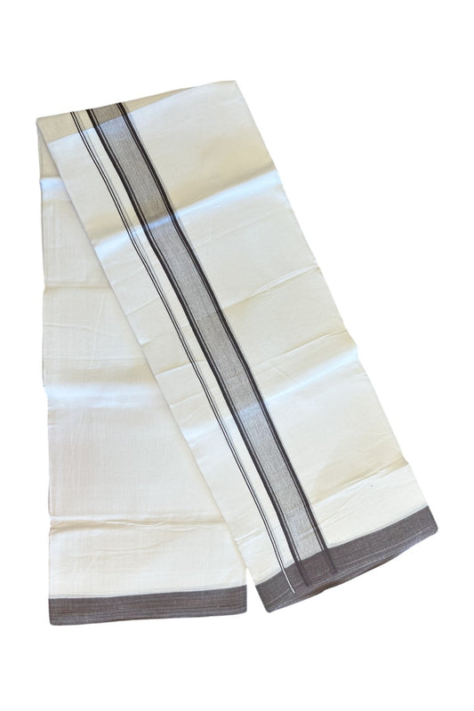 Linen Dhoti NEW! 20% Discount from Kaitharikada.com - Double Mundu/Dhoti 80x90 Thread PURE WHITE - Pure Cotton + Linen -2.25 Inch Brown Striped Kara - 29KK5115THI