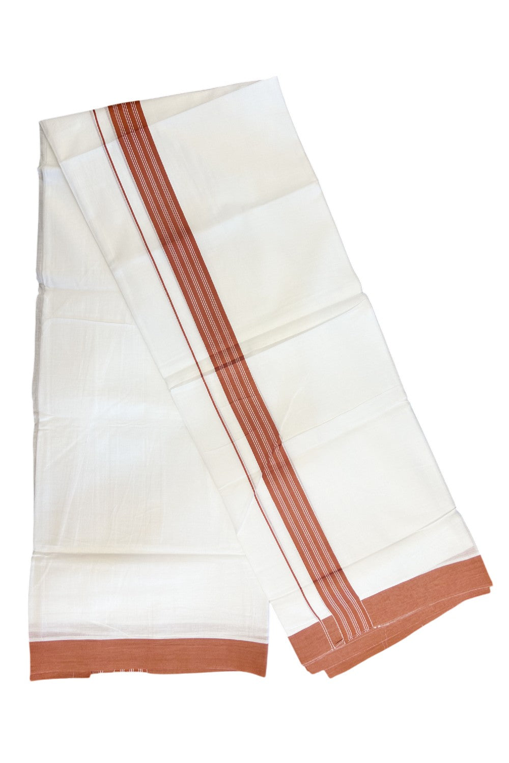 20% DISCOUNT! KaithariKada Balaramapuram 100% Cotton Double PURE white Mundu/Dhoti - 100x80 - 1.25 Inch Brick Red Center Striped Kara - 11KK5135GAN