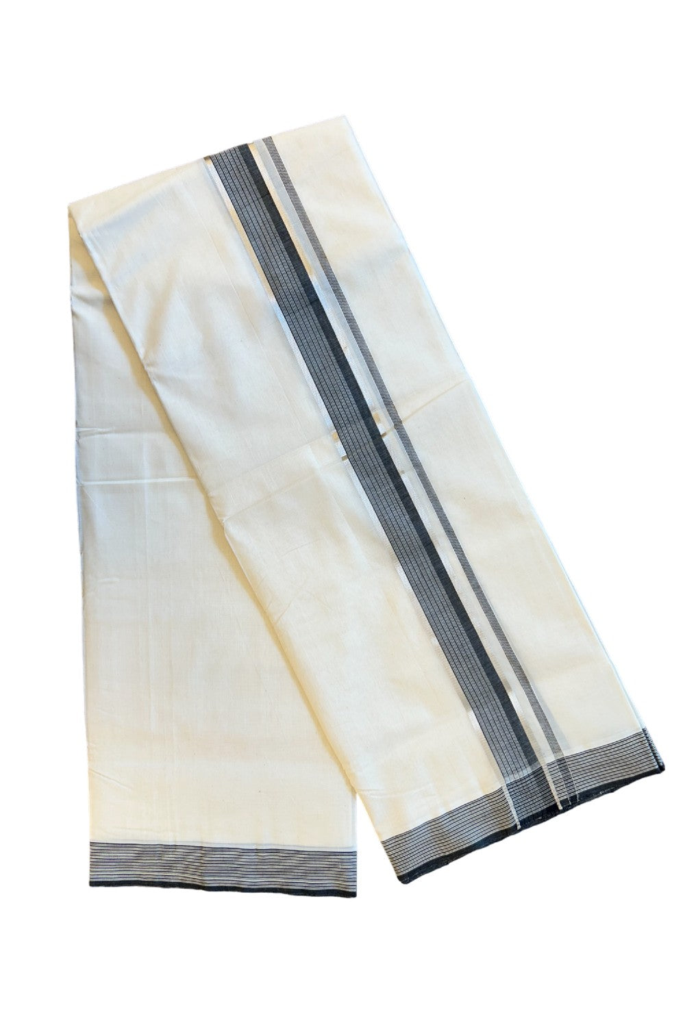 21% DISCOUNT! KaithariKada BALARAMAPURAM HANDLOOM UNAKKUPAAV - 100% PURE Cotton Double Mundu/Dhoti - Silver kasavu Black & White stripes kara - 11KK72RAM