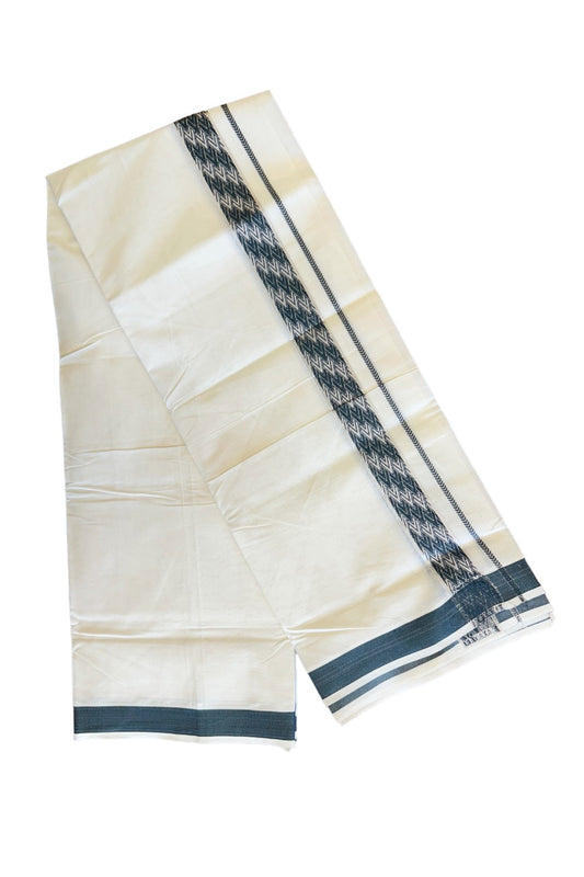 21% DISCOUNT ! KaithariKada Balaramapuram 100%  Cotton off white (Unbleached) Double  Mundu/Dhoti - 100X100 Silver kasavu Dark green designer kara - 11KK78PMC