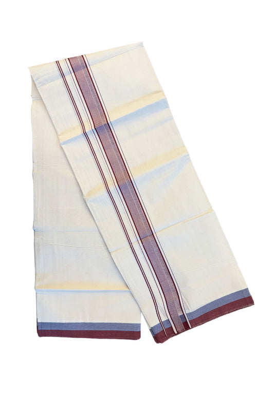 19% DISCOUNT ! KaithariKada Balaramapuram 100%  Cotton off white Double  Mundu/Dhoti - 100X100  Maroon shaded kara with side stripes - 11KK81VIN