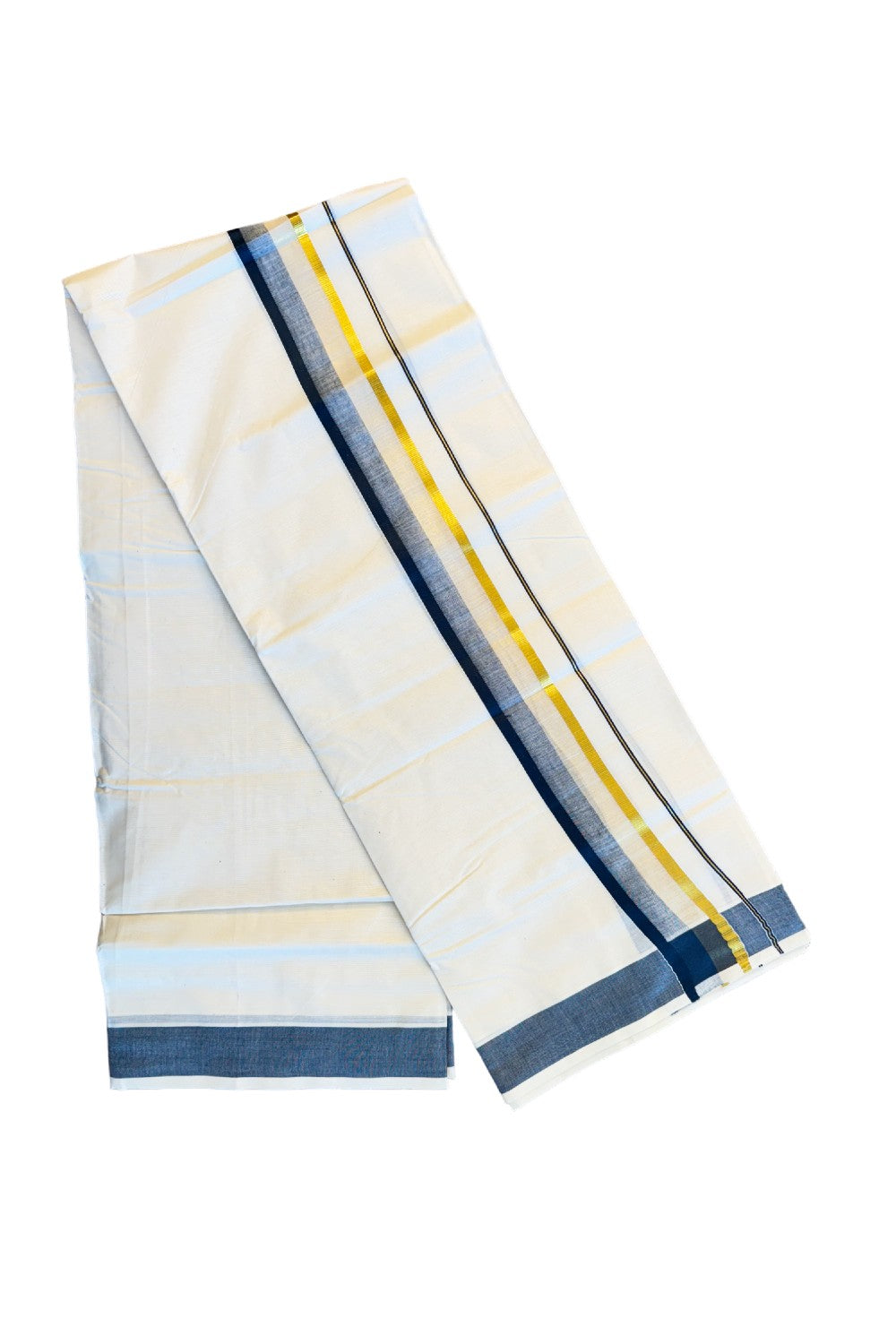 16% DISCOUNT!!! KaithariKada Balaramapuram 100%  Cotton off white - (Unbleached) Double  Mundu/Dhoti - 100X100  navy blue & kasavu  shaded kara - 11KK82VIN